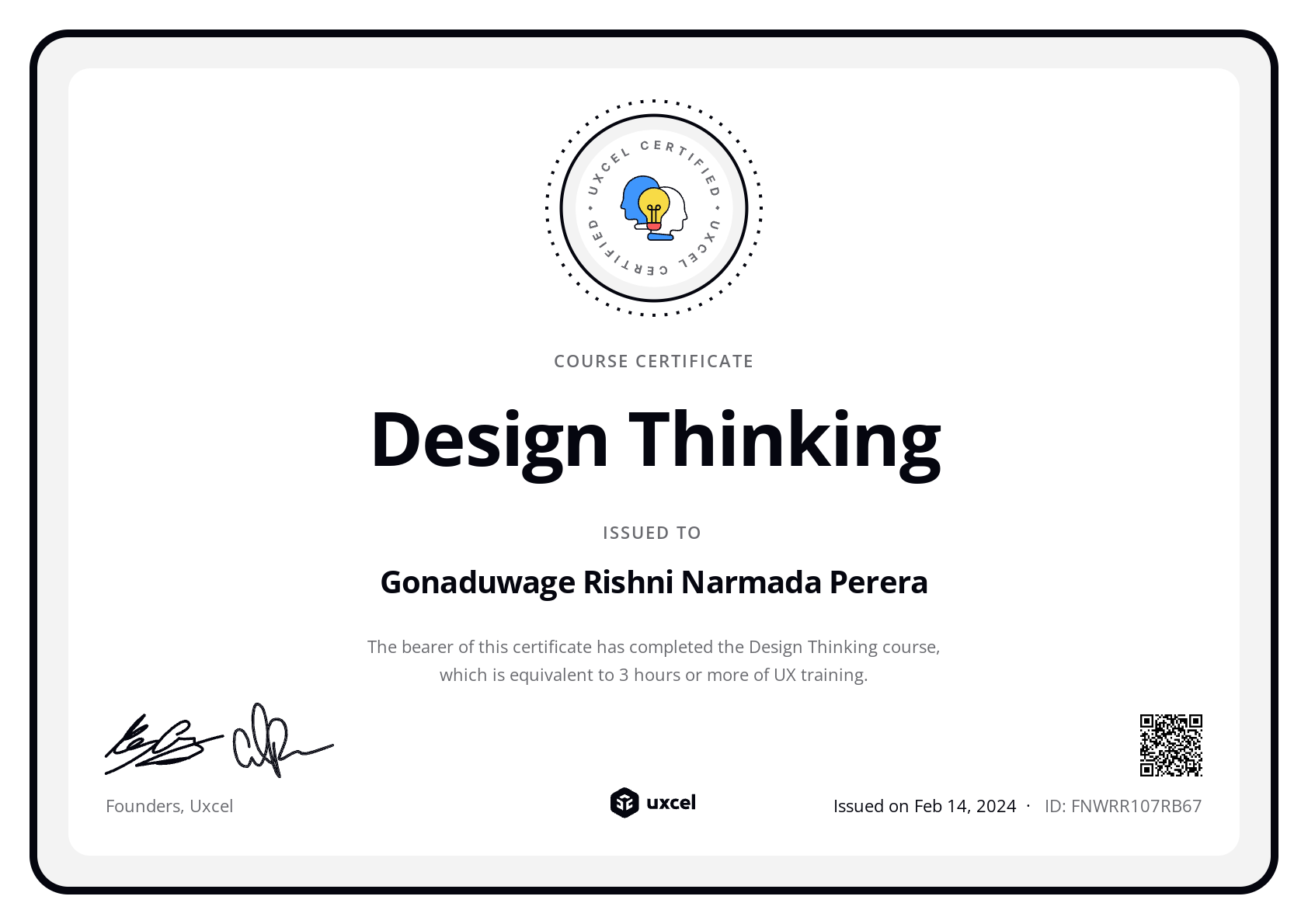 Gonaduwage Rishni Narmada Perera's certificate